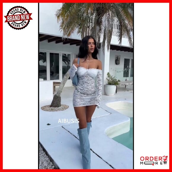 Off Shoulder Lace Bodycon Mini Dress Long Sleeve See Through Y2K - Picture 6 of 8